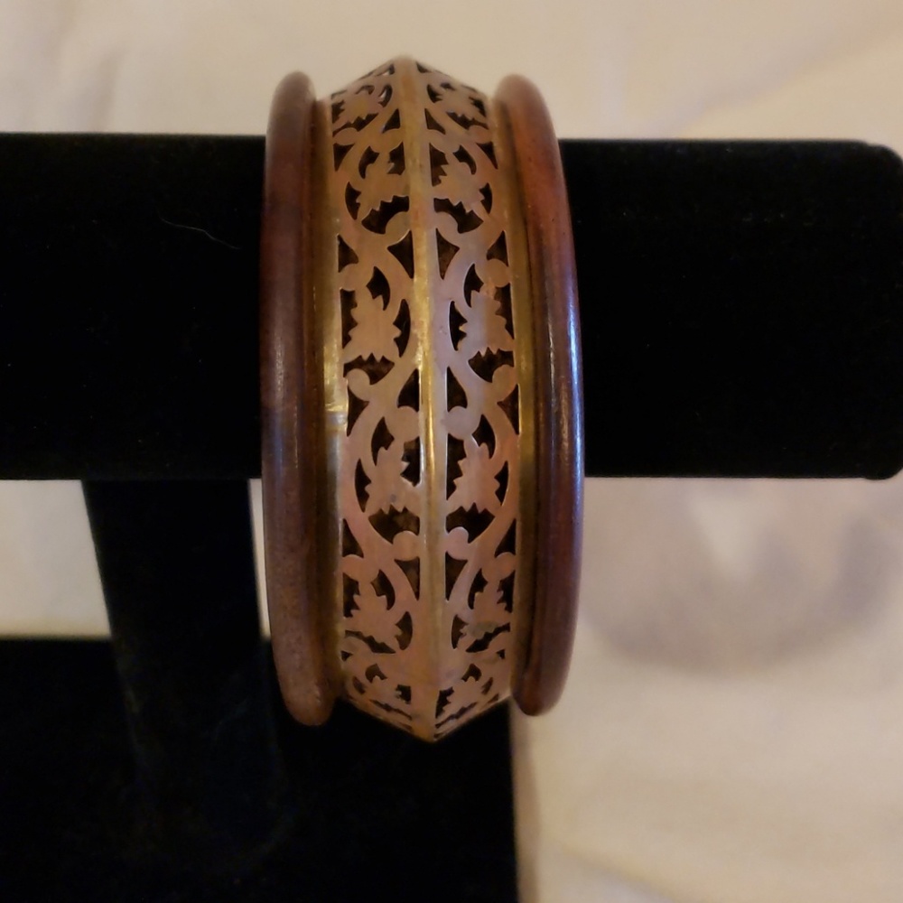 Vintage Wood & Brass Filigree Boho Bangle